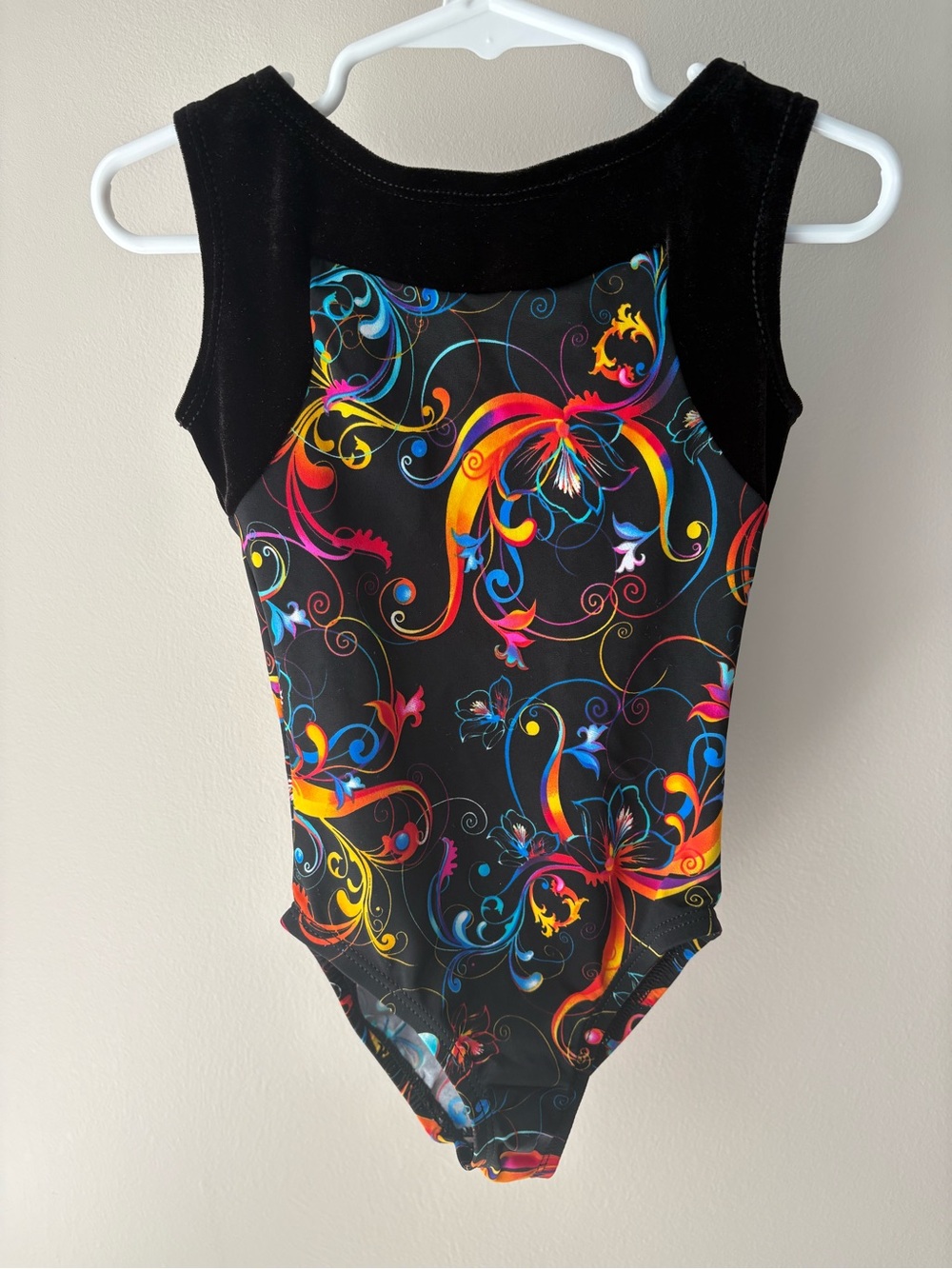 REBECCA’S MOM Black Leotard with Vibrant Print and Velvet Detail Size 6-7